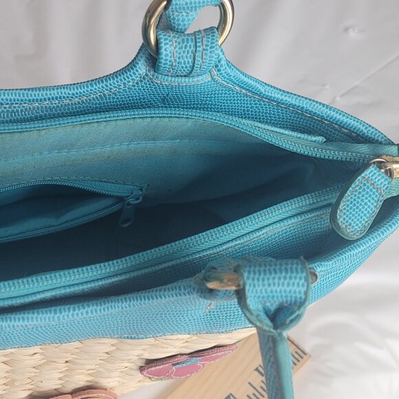 Straw Purse Vintage Flower Embellished Multi Color with Blue Trim - Picture 9 of 16